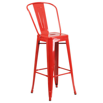 30" Red Indoor/Outdoor Bar Height Stool With Removable Back