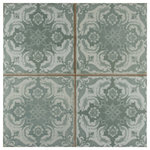Merola Tile - Kings Seagate Ceramic Floor and Wall Tile - Ancient exotic elegance radiates from our Kings Seagate Ceramic Floor and Wall Tile, imported from Spain. Save time and labor spent arranging smaller square tiles and instead install these durable ceramic slabs, which have four squares separated by scored grout lines. The defining feature of this encaustic-inspired tile is the unique, low-sheen glaze in a faded teal shade. A hybrid of floral designs and curves comprise this delicate pattern, which has distinctive south Asian flair. Designed by interior architect and furniture designer Francisco Segarra, this tile is a true reflection of vintage industrial design. Imitations of scuffs and spots that are the marks of well-loved, worn, century-old tile bring rustic charm to your interior. There are 8 different variations available that are randomly scattered throughout each case. The scored grout lines can be grouted with the color of your choice to further customize your installation.