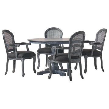 Ardyce French Country Fabric Upholstered Wood and Cane 5-Piece Dining Set, Gray/Black