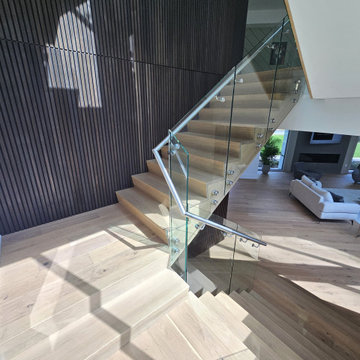 Project #129 | Modern White Oak Staircase with Slanted Risers