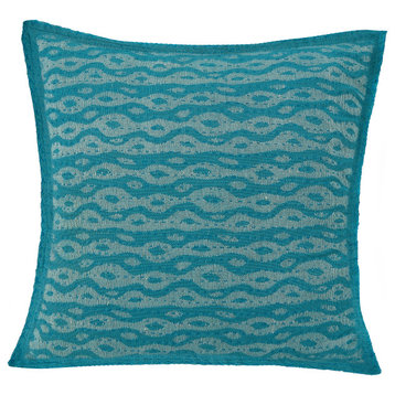 Artisan Hand Loomed Cotton Square Pillow, Blue Ocean Design, 24"