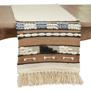Textured Table Runner With Boho Design, Natural, 16"x72"