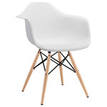 Interiortradefurniture - White Arm Chair Wood Dowel Base Eiffel Molded Arm Chair - The retro simplicity of these classic white accent chairs will instantly enhance the modernity of your room. Each of these contemporary chairs is made from durable molded plastic with an ergonomically-shaped and curved seat. The legs are wooden and include steel hardware in black as well as black plastic tips to protect sensitive flooring. Assembly is required.
