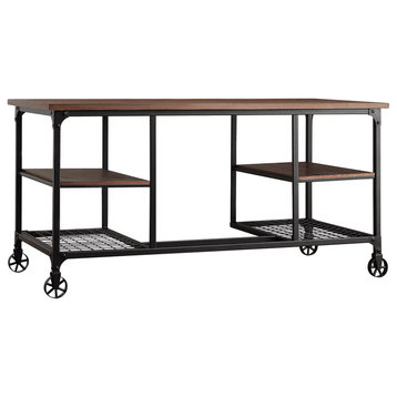 Industrial Desk, Lower Metal Mesh Shelves & Middle Wood Shelves, Weathered Brown