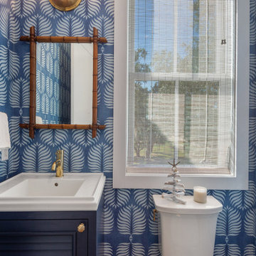 75 Beautiful Wallpaper Bathroom with Blue Cabinets Pictures & Ideas ...