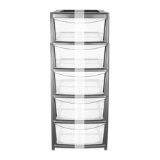 Tower Chest of Drawers, Silver Plastic With Wide-Storage Drawers and Wheels