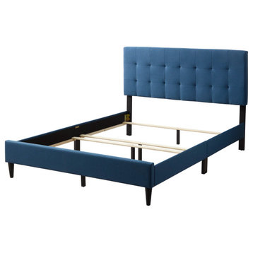 Sophisticated Bed Frame, Soft Upholstery and Tufted Headboard, Navy, King