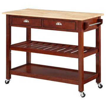 Traditional Kitchen Cart, Rubberwood Frame With Natural Butcher Top, Mahogany