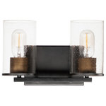 Maxim Lighting - Sleek 2-Light Bath Vanity - Cylinders in Clear Seedy glass on simple matte Black frames with Antique Brass socket covers. A clean and easily maintained fixture that easily coordinates with your stylish bathroom space.