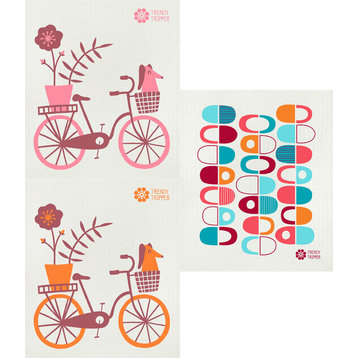 Swedish Dishcloth/Sponge Cloth, Mid-century Modern Designs Packs of 3, Bicycles