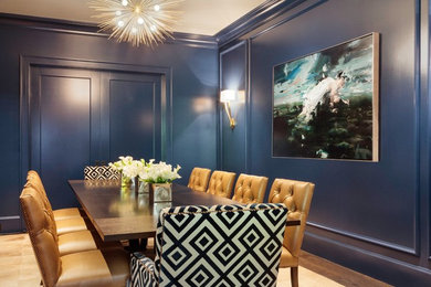 Design ideas for a transitional separate dining room in San Francisco with blue walls, dark hardwood floors and brown floor.