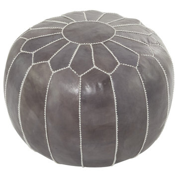 Farmhouse Pouf, Genuine Leather Upholstery & White Floral Stitching, Gray