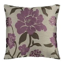 Floral-Patterned Taupe and Plum Throw Pillow - Decorative Pillows