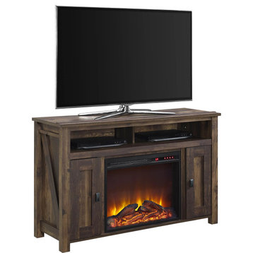 Farmhouse TV Stand With Fireplace, Open Shelves & Side Cabinets, Rustic Brown