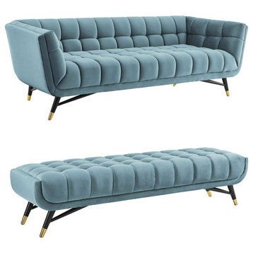 Adept Contemporary Velvet Fabric Upholstered Tufted Sofa/Accent Bench, Sea Blue