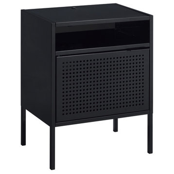 Bowery Hill Open Metal Shelf Nightstand with USB Port in Black