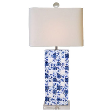 Beautiful Rectangular Blue and White Porcelain Table Lamp Crystal Base 26"