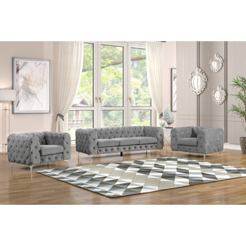 Rebekah 3 Piece Velvet Standard Foam Living Room Set 1sofa+2 Chairs, Gray Velvet