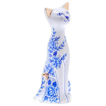 Novica Handmade Sweet Floral Cat Benjarong Porcelain Statuette