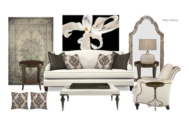 Living room - huge transitional formal and open concept medium tone wood floor living room idea in Orange County with beige walls and a two-sided fireplace