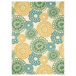 Nourison - Waverly Sun N' Shade 7'9" x 10'10" Ivory Gold Contemporary Rug - Stylized disks swirl and twirl in shades of blue, green, and gold on an ivory field, bringing a vibrant energy to this Rare Jewels rug from Waverly's Sun N Shade Collection. Easy-care fibers are perfect for creating a lasting outdoor statement for your deck or patio.