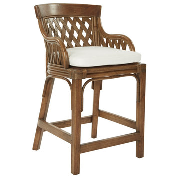 24" Counter Stool With Brown Stained Wood Rattan Frame Finish ASM, Brown Stain