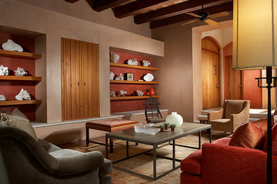 Living room - large modern formal and open concept terra-cotta tile living room idea in New York with beige walls and a concealed tv