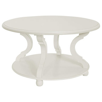 Traditional Coffee Table, Curved Legs With Rounded Wood Top & Open Shelf, White