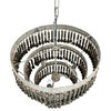 3-Light Tier Round Metal Chandelier With Hanging Wood Beads, Brown