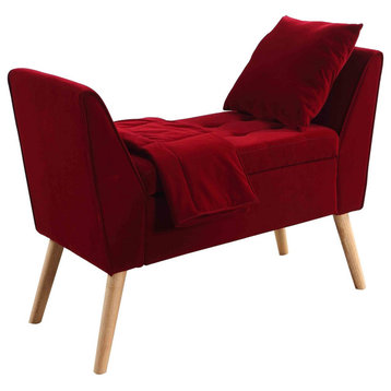Deep Red Modern Flair Storage Bench With Pillow and Blanket