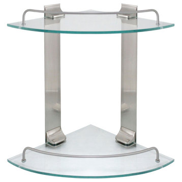 MODONA's 9.5" Double Glass Corner Shelf With Rail, Satin Nickel