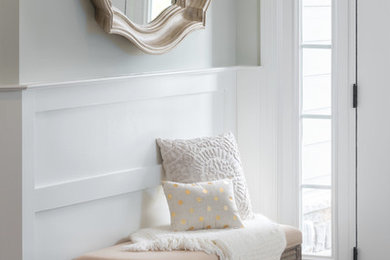 Inspiration for a mid-sized transitional dark wood floor and brown floor entryway remodel in Philadelphia with gray walls and a dark wood front door