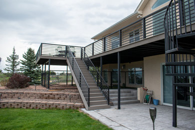 Ejemplo de terraza contemporánea grande sin cubierta en patio trasero con barandilla de metal