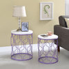Set of 2 End Table, Geometric Metal Frame With White Round Wooden Top, Purple