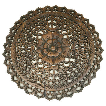 Oriental Round Carved Wood Wall Art Decor, Brown, 24"
