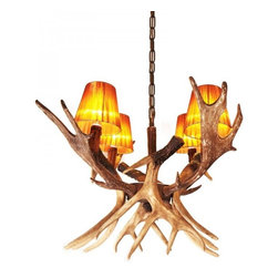 Rustic Antler Chandelier with 4 Linen Shades - Chandeliers