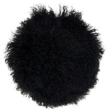 Mongolian Lamb Fur Poly Filled Throw Pillow, Black, 13"x13"