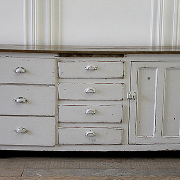 Antique Primitive European Farmhouse Style Buffet Server with Wood Top
