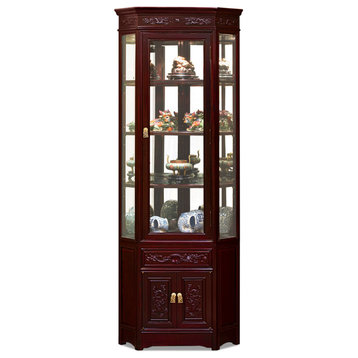 Dark Cherry Rosewood Dragon Oriental Corner Display Cabinet