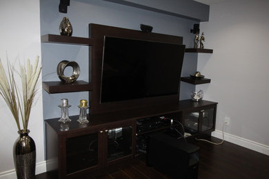 Small trendy open concept home theater photo in Toronto with brown walls and a wall-mounted tv