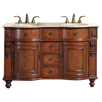 55 Inch Small Double Sink Bathroom Vanity, Travertine Top, Traditional
