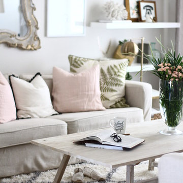 Karlstad Sofa Cover in Long Skirt Linen Slipcovers | Liege Biscuit fabric