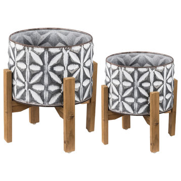 Geometric Gray and White Metal Plant Stand With Wood Stand Set of 2