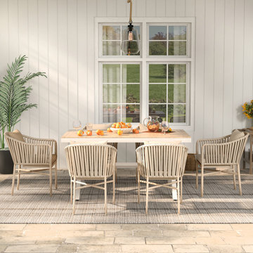 7 Pieces Outdoor Dining Set with Rectangle Table and Woven Rattan Armchair in Na