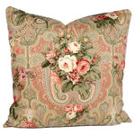 Studio Design Interiors - The Victorian 90/10 Duck Insert Pillow With Cover, 22x22 - From a bygone time, this pillow knows exactly when it belongs. A beautiful bouquet of pink and cream roses springs from the center of a stylized paisley motif in sage greens and dusty rose. Finished exactly as it should be with a rich dark green velvet back. Butter upon Bacon!