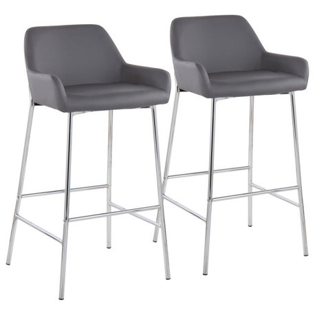 Daniella Fixed-Height Bar Stool, Chrome Metal/Gray Faux Leather, Set of 2