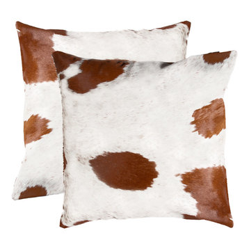 18"x18" Torino Kobe Cowhide Pillows, Set of 2, White and Brown