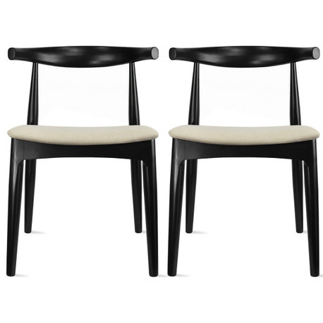 Set of 2 Modern Wooden Elbow Dining Chairs With PU Leather or Beige Fabric Seat, Black Beige Seat (Unassembled)