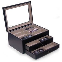 TIMELYBUYS 30-Piece Black Ebony Wood Watch Extra Height Clearance Display Case and 3 Drawer Storage Organizer Box