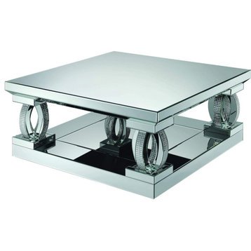 Contemporary Mirrored Coffee Table, Lower Shelf & Unique Accent Support, Silver